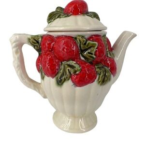 Vintage Teapot Strawberry Twig Handle Red Green Cream Painted Ceramic Kitschy